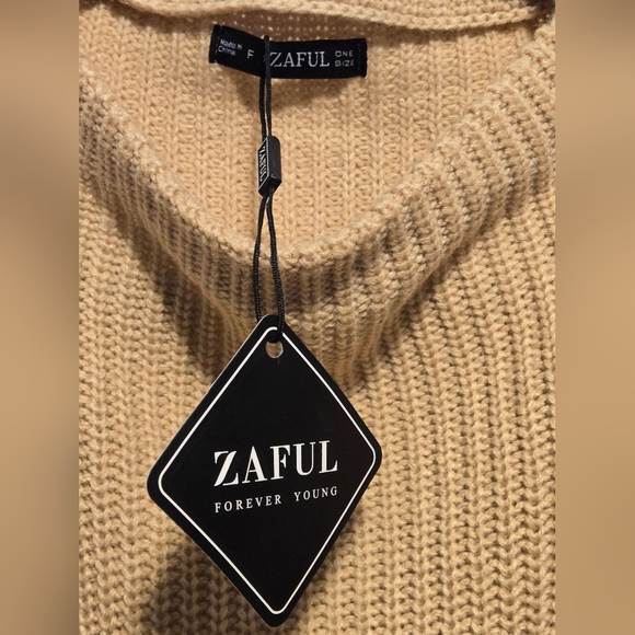 NWT ZAFUL Women's Oversized Crew Neck Lantern Sleeve Sweater One Size Light Brow - Picture 7 of 8